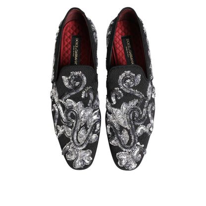 Dolce & Gabbana Black Silver Sequined Loafers Men Dress Shoes