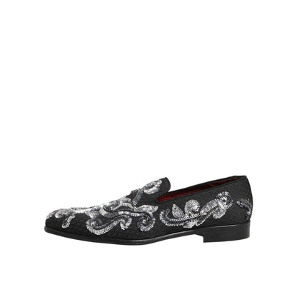 Dolce & Gabbana Black Silver Sequined Loafers Men Dress Shoes
