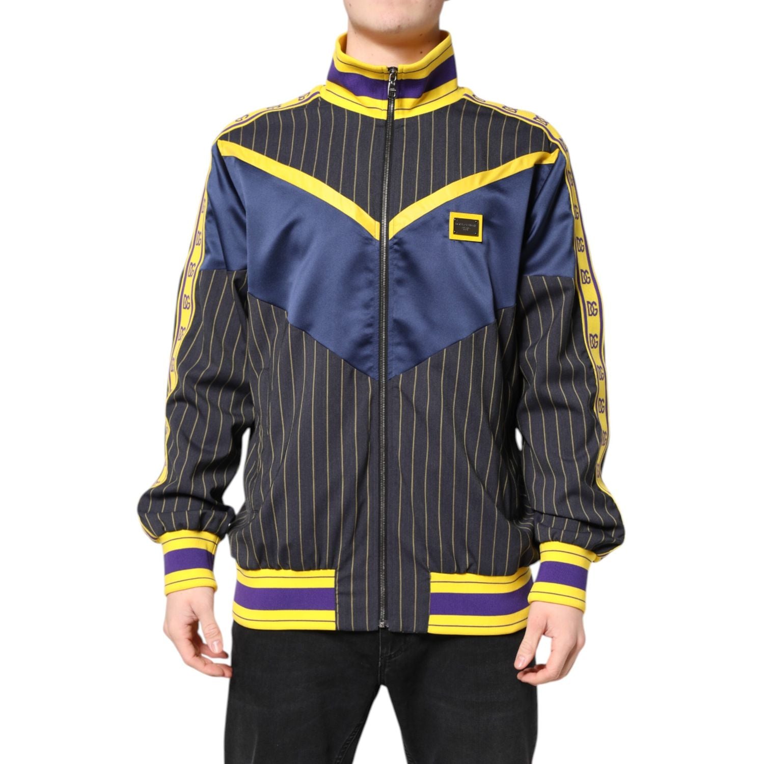 Dolce & Gabbana Black Striped Logo Full Zip Bomber Jacket