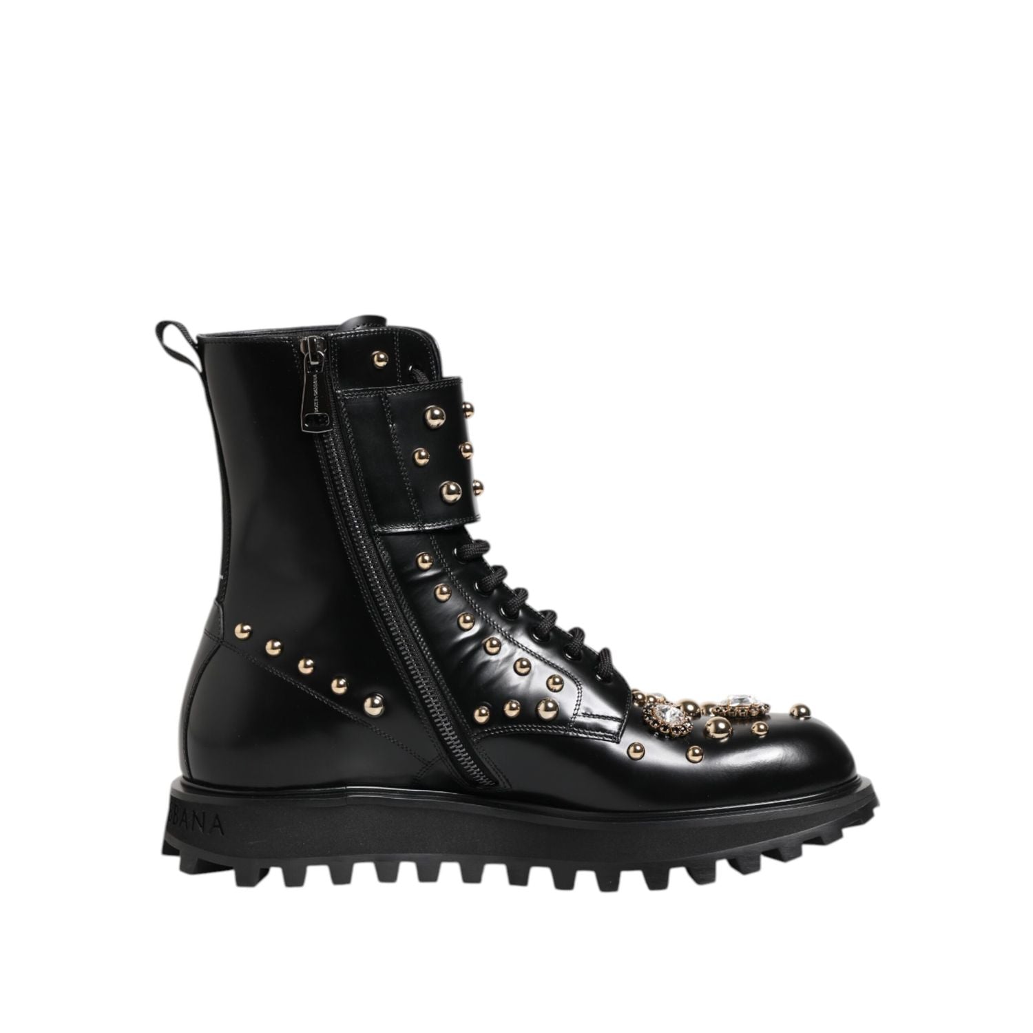 Dolce & Gabbana Black Studded Lace Up Mid Calf Boots Shoes