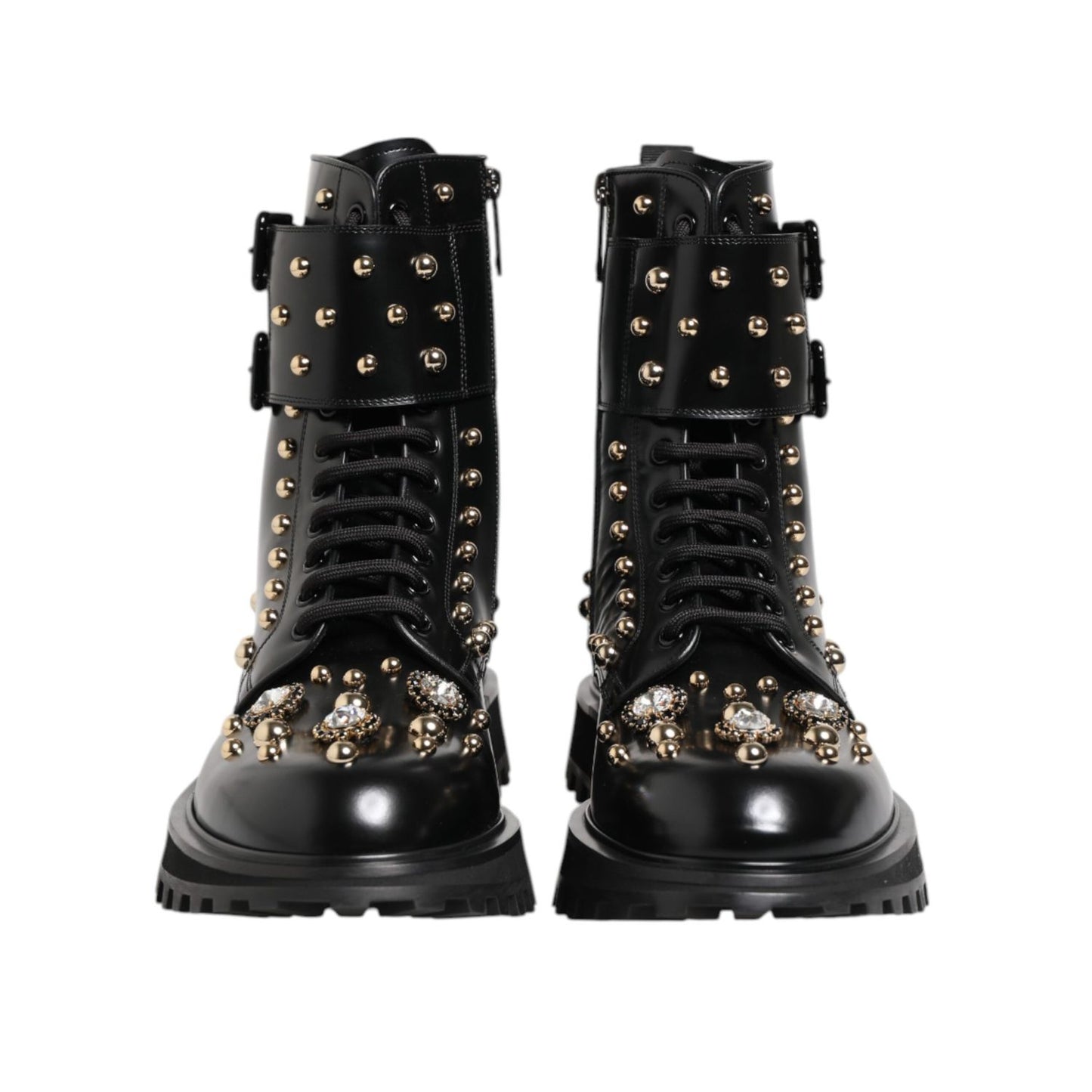 Dolce & Gabbana Black Studded Lace Up Mid Calf Boots Shoes