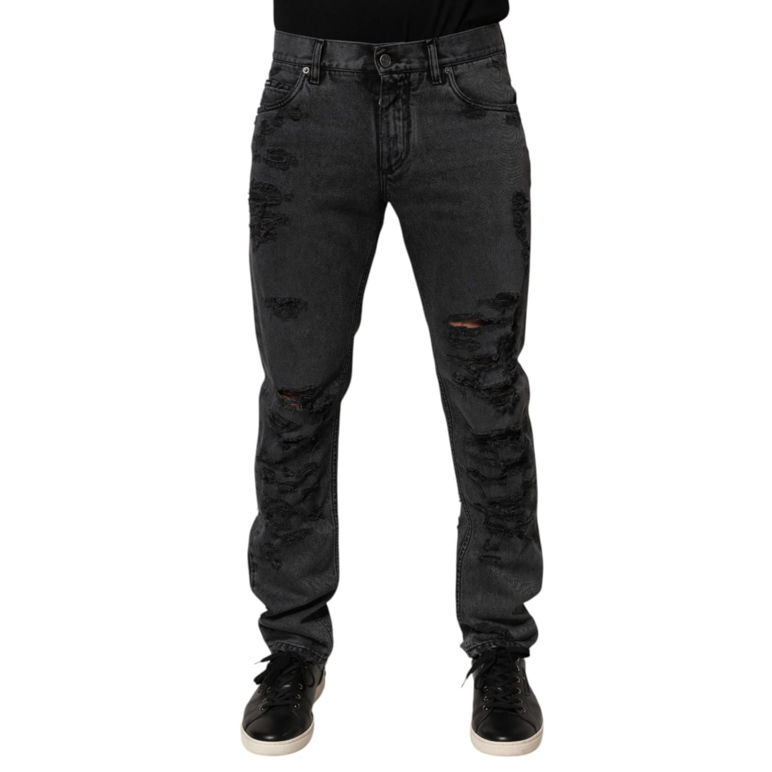 Dolce & Gabbana Black Tattered Skinny Cotton Men Denim Jeans