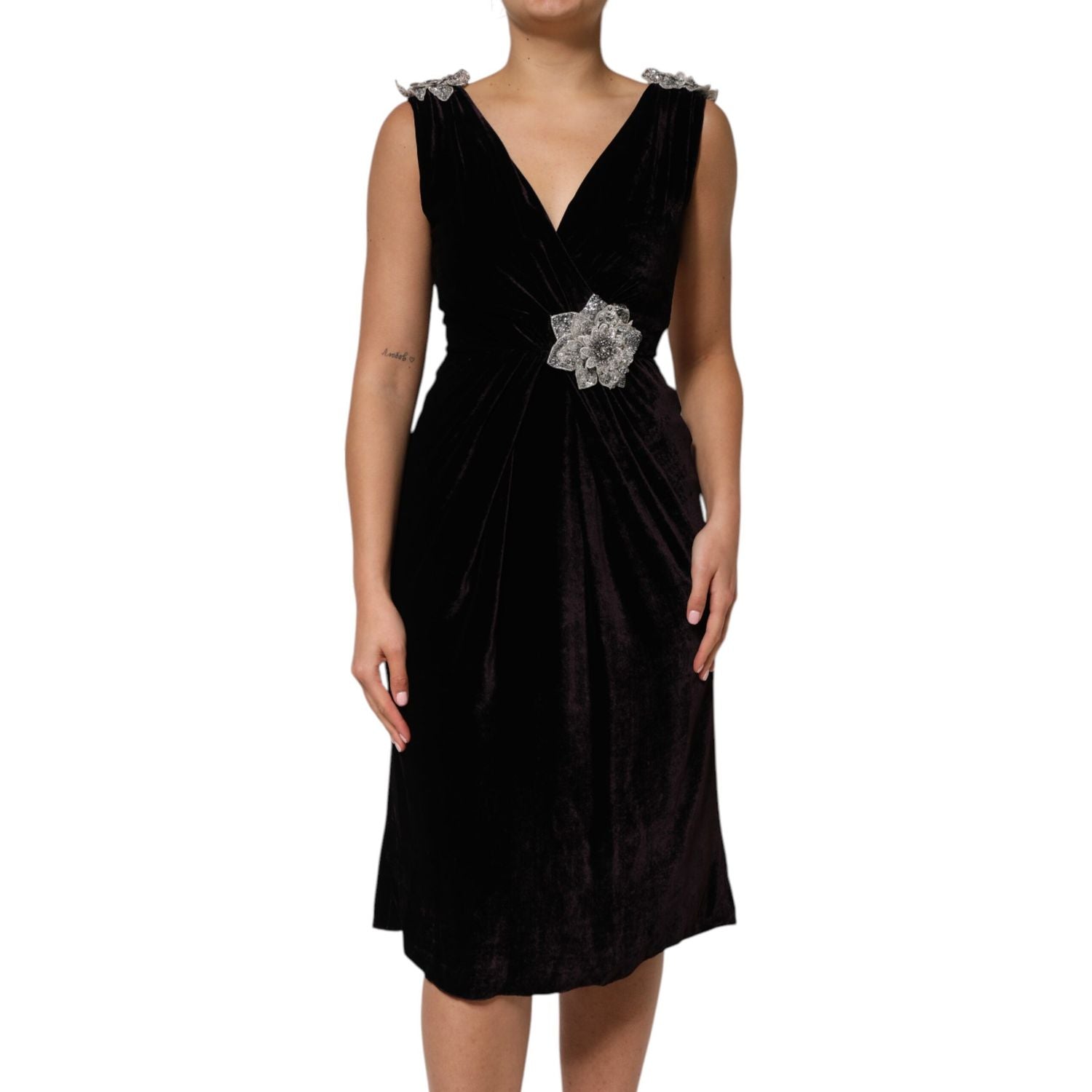Dolce & Gabbana Black Velvet Flower Embellishment Aline Dress
