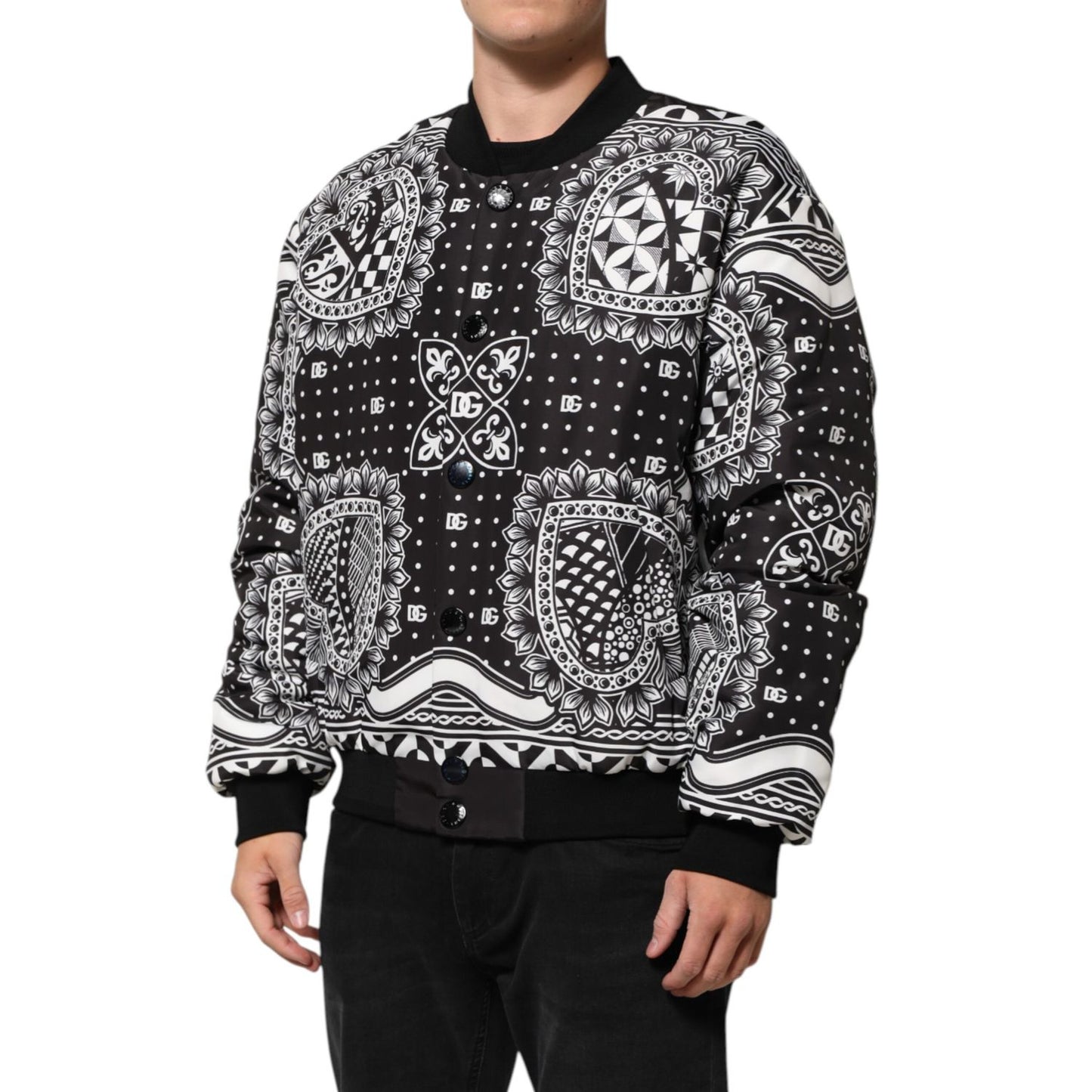 Dolce & Gabbana Black White Bandana Print Bomber Jacket