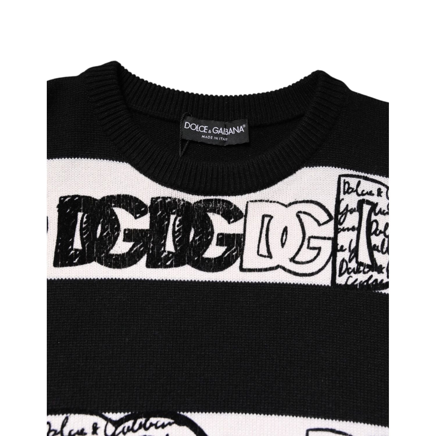 Dolce & Gabbana Black White Logo Print Wool Pullover Sweater