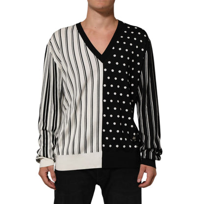Dolce & Gabbana Black White Stripe Polka V-Neck Pullover Sweater