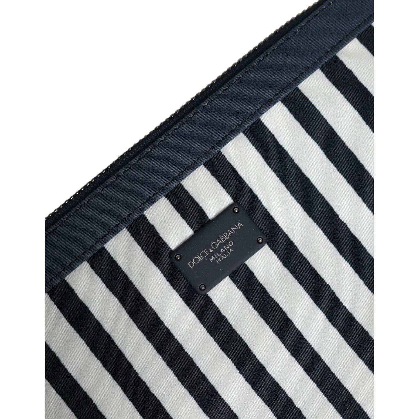Dolce & Gabbana Black White Striped Logo Plaque Clutch Pouch Bag