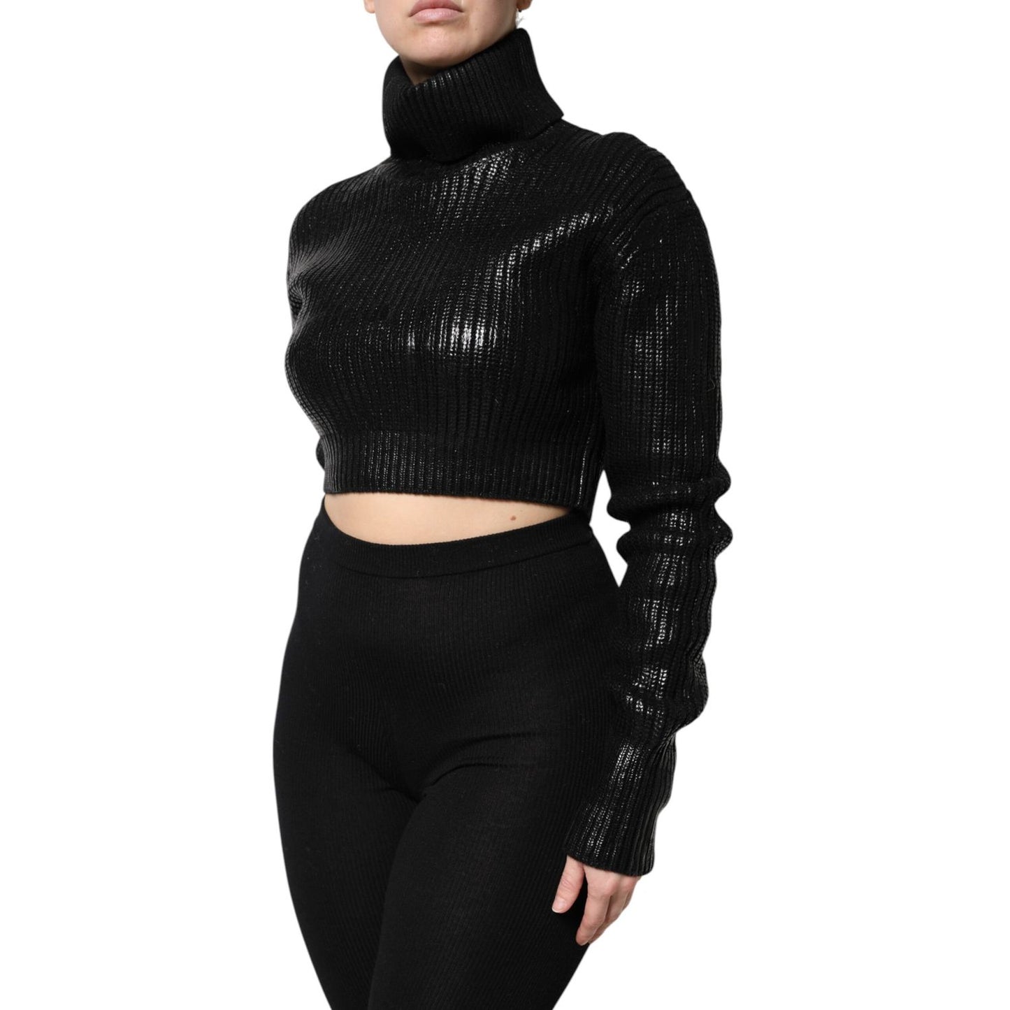 Dolce & Gabbana Black Wool Long Sleeve Turtleneck Cropped Top
