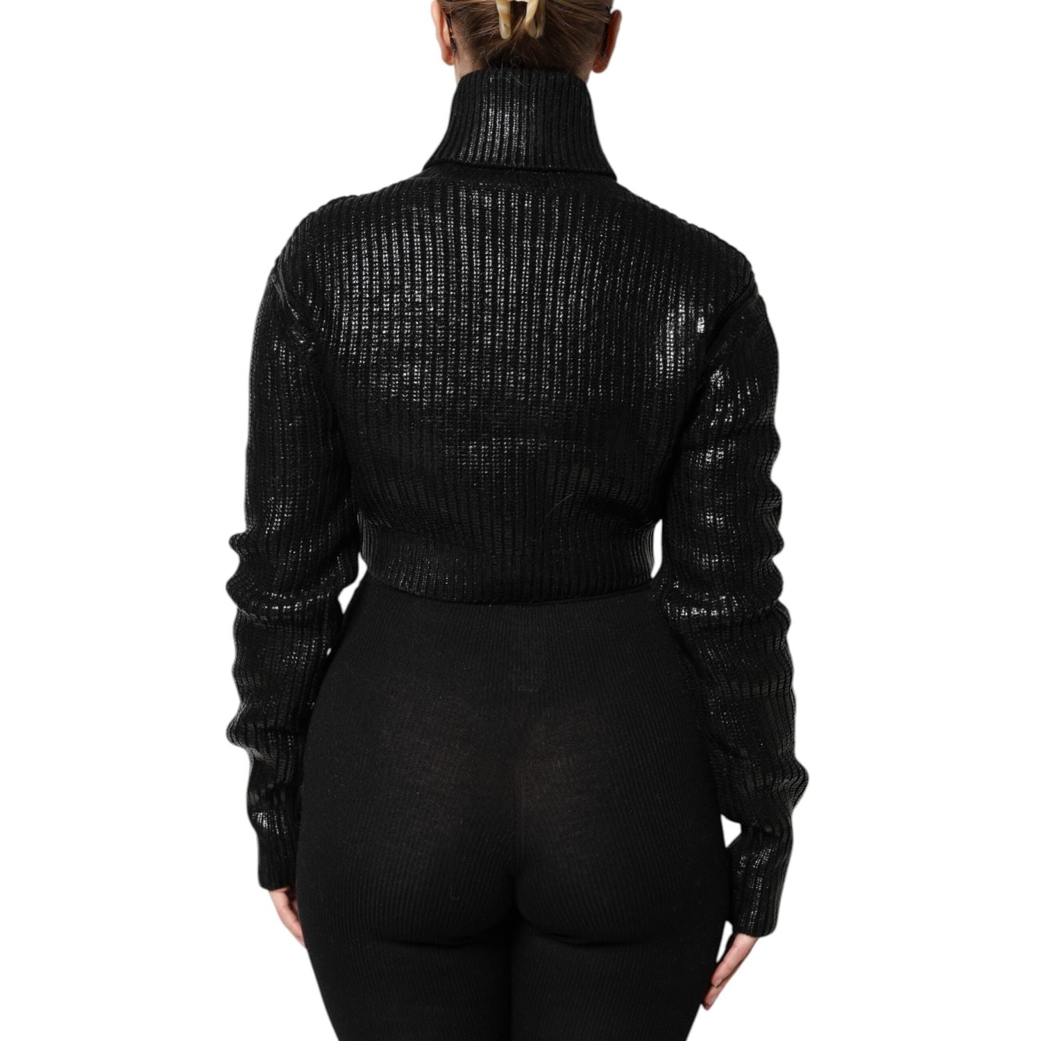 Dolce & Gabbana Black Wool Long Sleeve Turtleneck Cropped Top