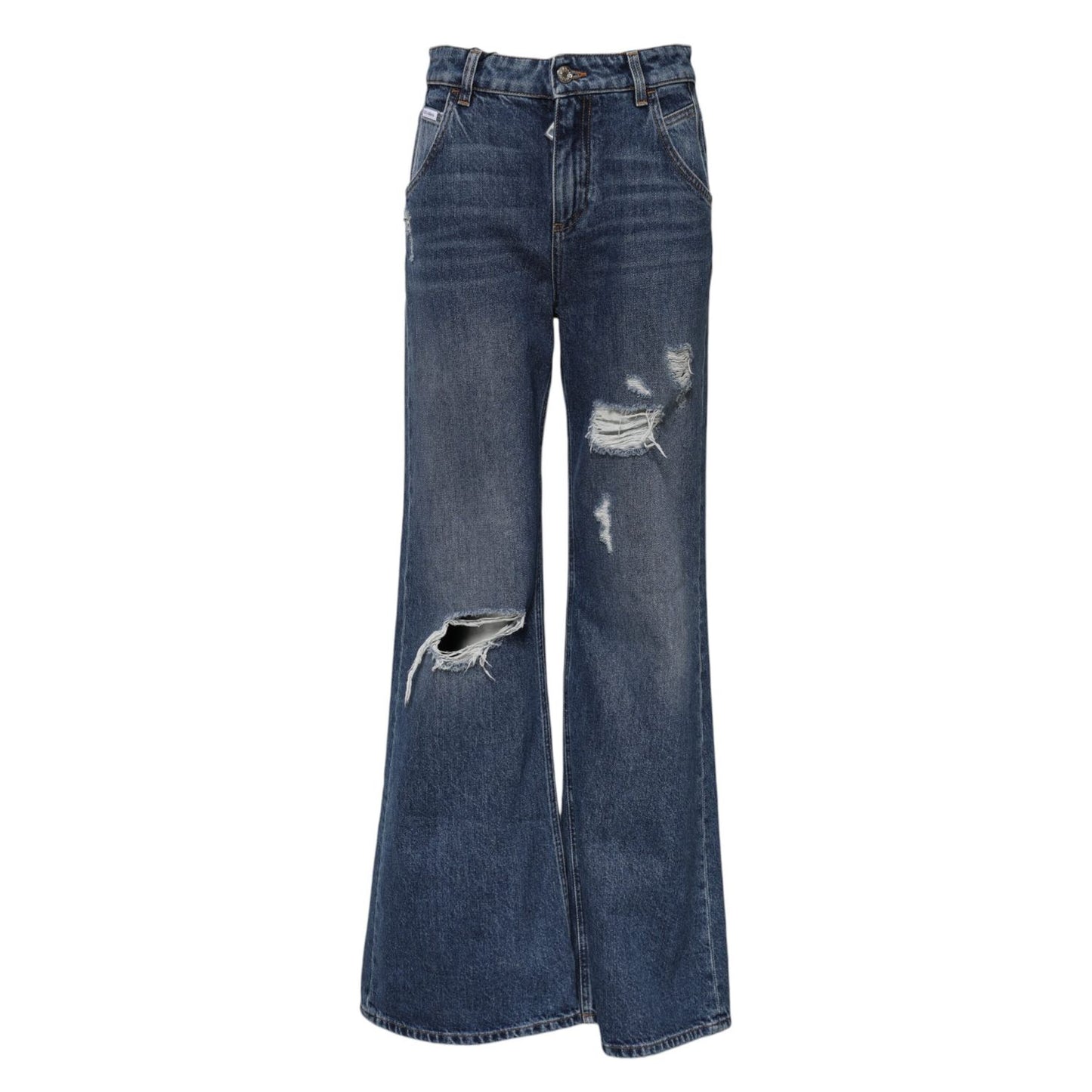 Dolce & Gabbana Blue Cotton Wide Leg Tattered Denim Jeans