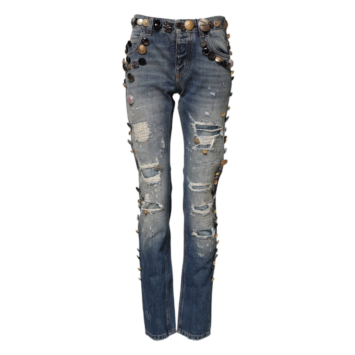 Dolce & Gabbana Blue Embellished Tattered SkinnyDenim Jeans