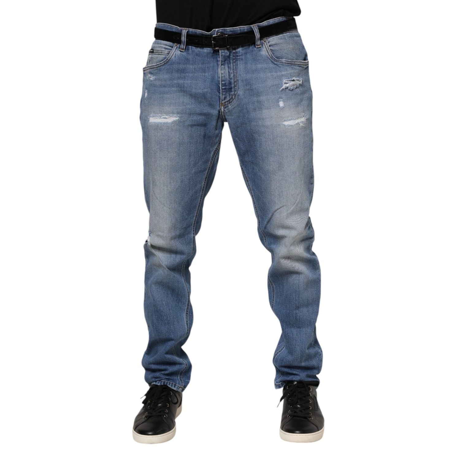 Dolce & Gabbana Blue Washed Tattered Logo Plaque Denim Jeans