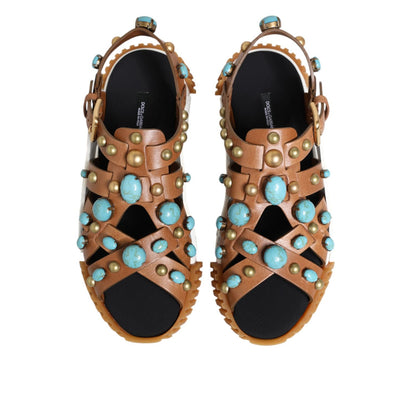 Dolce & Gabbana Brown Leather Studded Slides Sandals Shoes
