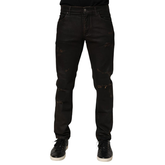 Dolce & Gabbana Dark Brown Tattered Cotton Skinny Denim Jeans
