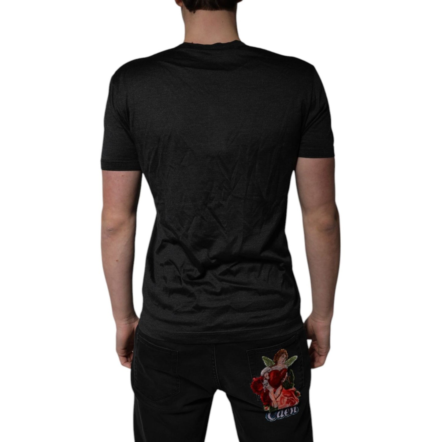 Dolce & Gabbana Dark Gray Silk V-neck Short Sleeves T-shirt