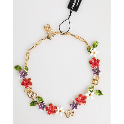 Dolce & Gabbana Gold Brass Logo Detail Floral Fashion Jewelry Necklace