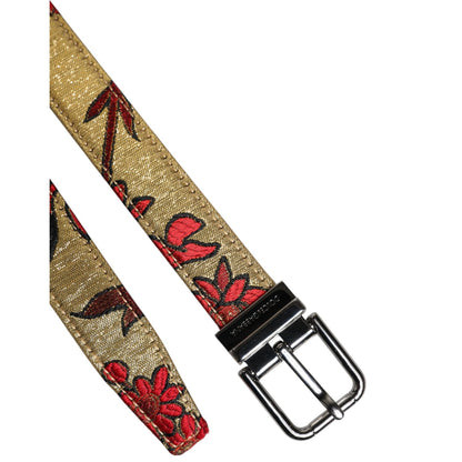 Dolce & Gabbana Gold Floral Jacquard Leather Metal Buckle Belt