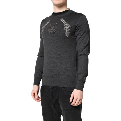Dolce & Gabbana Gray Embroidery Knit Men Pullover Sweater