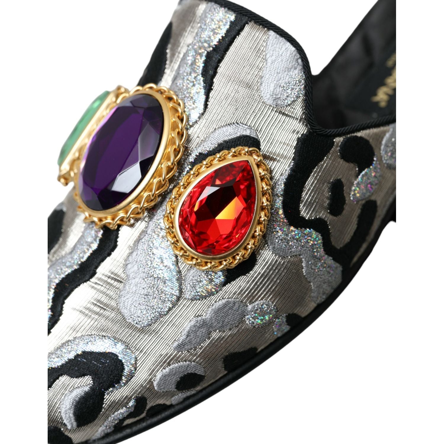 Dolce & Gabbana Gray Jacquard Crystal Mule Flat Sandals Shoes