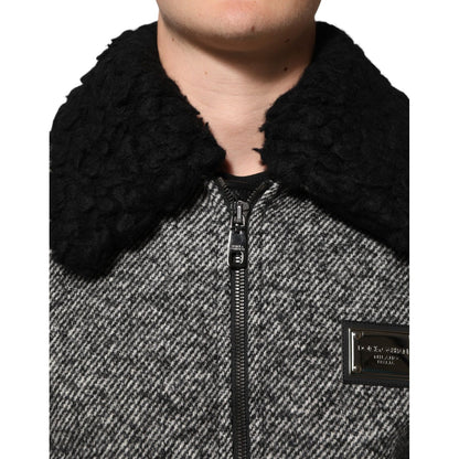 Dolce & Gabbana Gray Wool Herringbone Shearling Collar Bomber Jacket