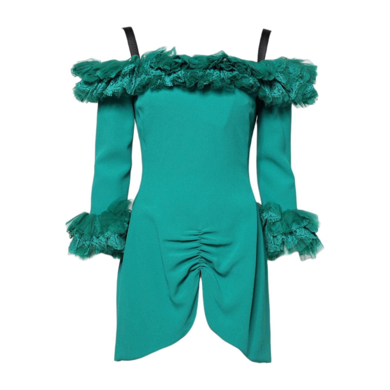 Dolce & Gabbana Green Lace Off Shoulder Sheath Mini Dress