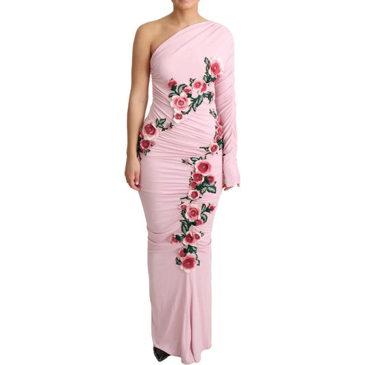 Dolce & Gabbana Pink Flower Embellished One Shoulder Dress 1728,67345645728,92% Rayon 8% Elastane,Clothing,Dolce & Gabbana,Dresses - Clothing,Dresses - Women - Clothing,IT42|M,Long - Dresses - Clothing,Longsleeve - Dresses - Clothing,Pink,Preowned / Defec