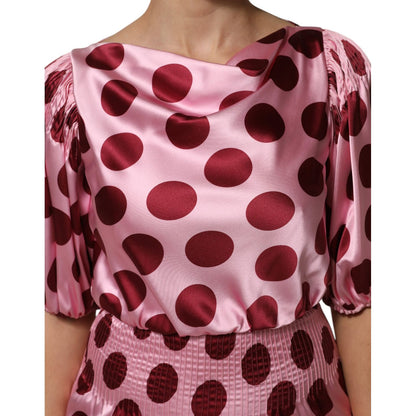 Dolce & Gabbana Pink Red Polka Dot Silk Satin Maxi Gown Dress