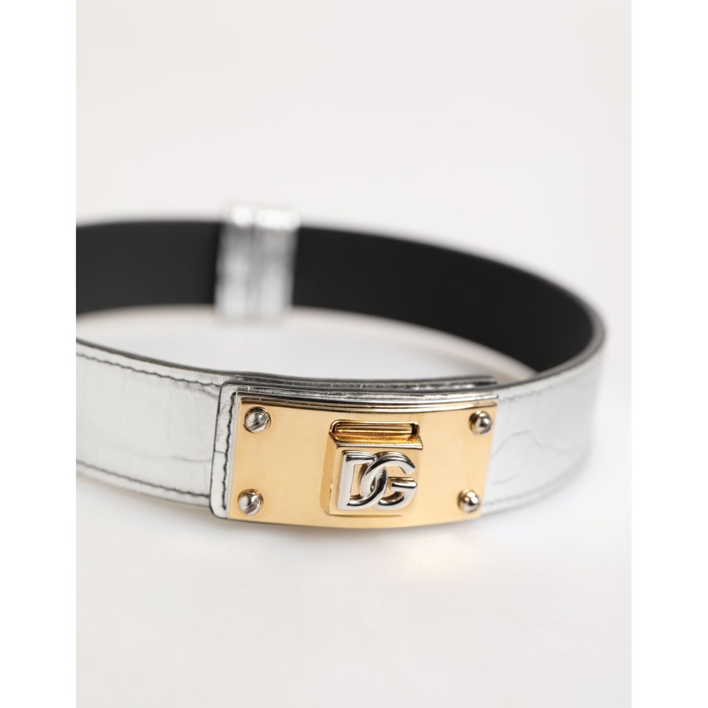 Dolce & Gabbana Silver Textured Leather Gold Tone Metal Neckband