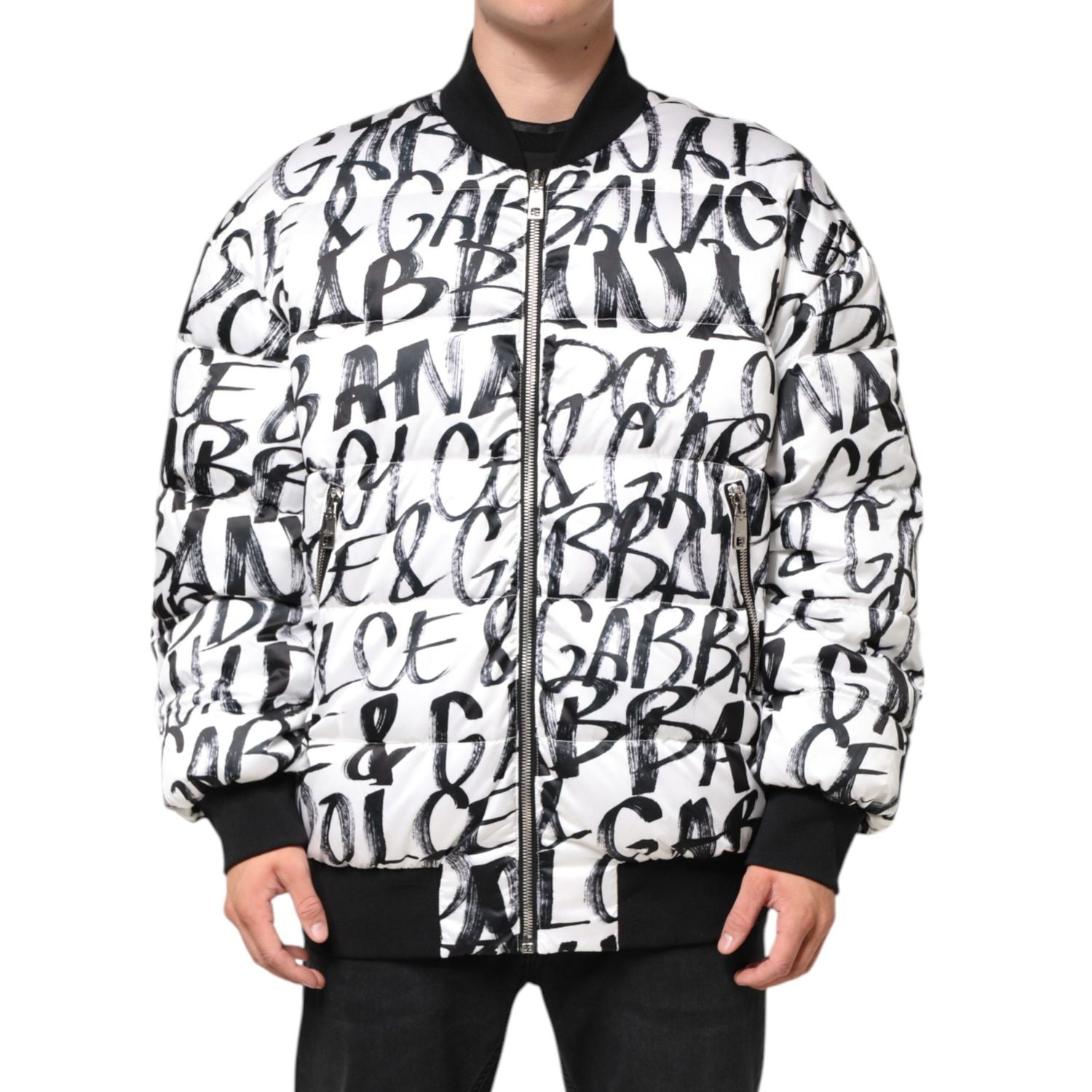 Dolce & Gabbana White Black Graffiti Logo Puffer Bomber Jacket