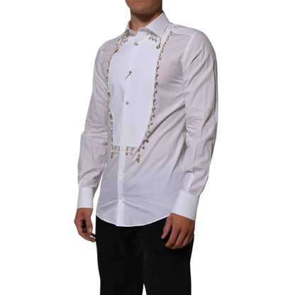 Dolce & Gabbana White Cotton DG Logo Pearl GOLD Formal Shirt