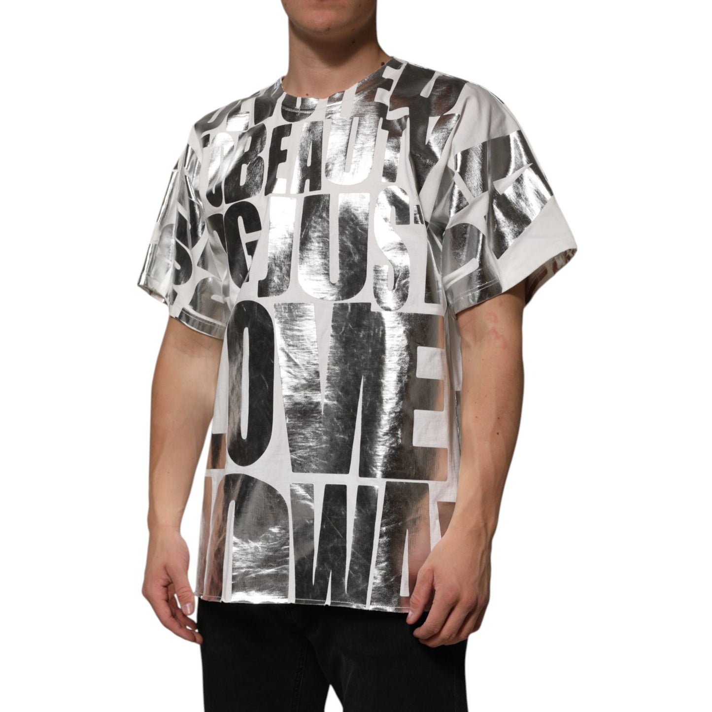 Dolce & Gabbana White Cotton Silver Metallic Slogan Print T-shirt