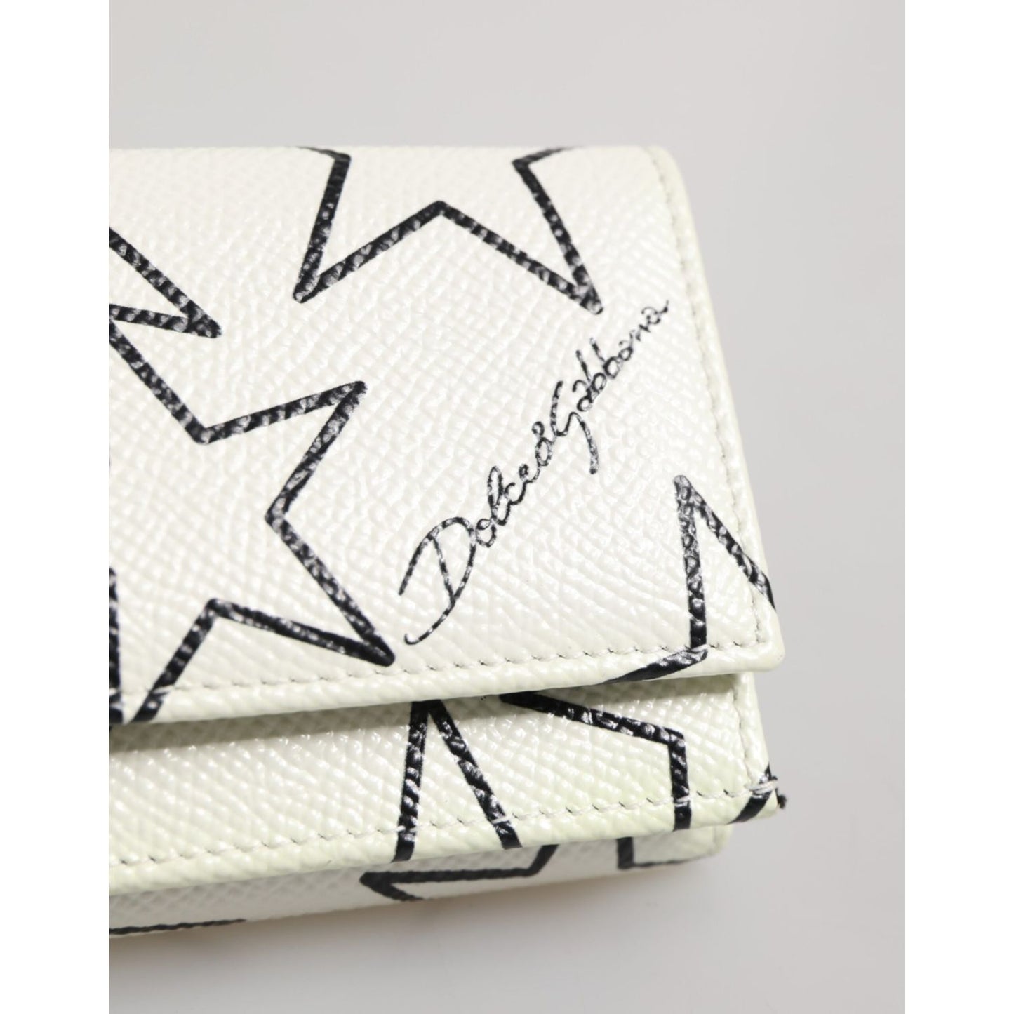 Dolce & Gabbana White Leather Trifold DG Star Print Card Holder Wallet