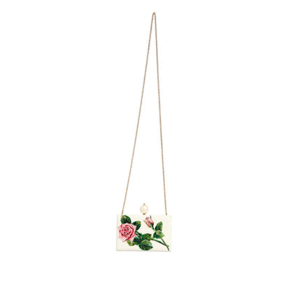 Dolce & Gabbana White Rose Embroidery Silk Gold Frame Clutch Purse Bag