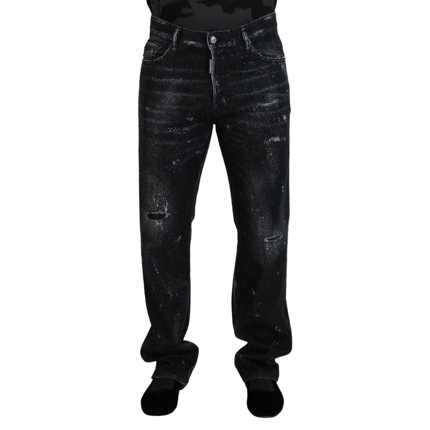 Dsquared² Black Crystal Embellished Tattered Denim Jeans