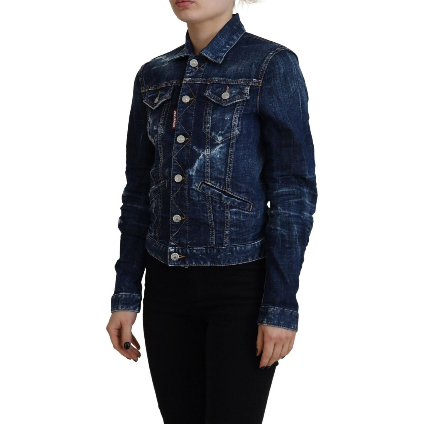 Dsquared² Blue Icon Printed Distressed Denim Jacket 1728,67345645728,Blue,Clothing,Denim Jackets - Jackets & Coats - Clothing,Dsquared²,IT38 | XS,Jackets & Coats - Clothing,Jackets & Coats - Women - Clothing,Material: Cotton 98%,Preowned / Defect,Spandex/