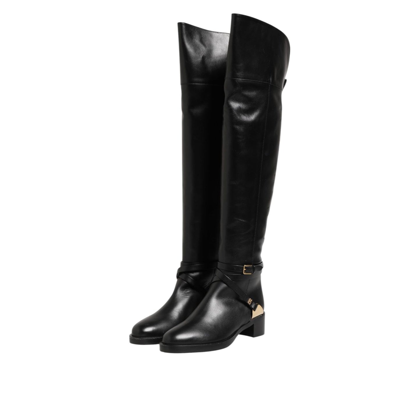 Elisabetta Franchi Black Leather Buckled High Boots Shoes