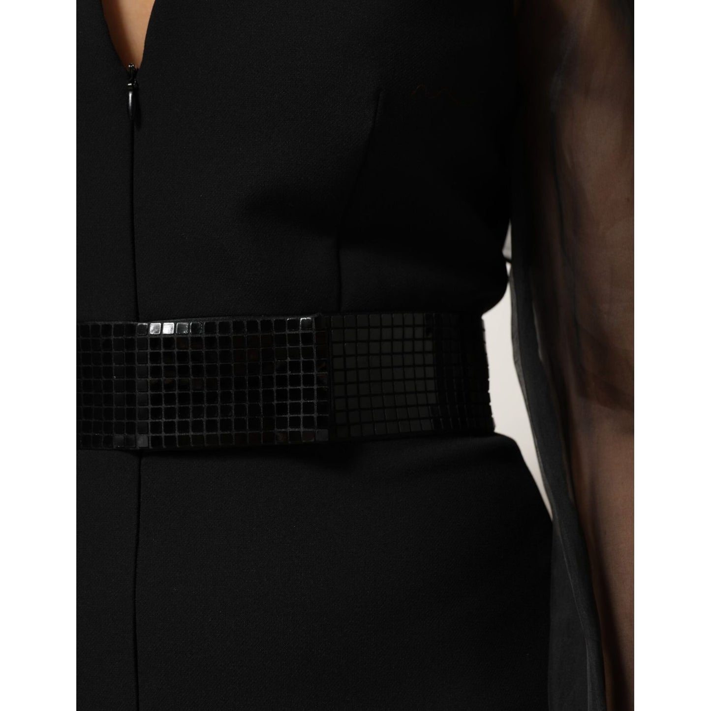 Emporio Armani Black Sheer Sleeve Belted V-Neck Mini Dress