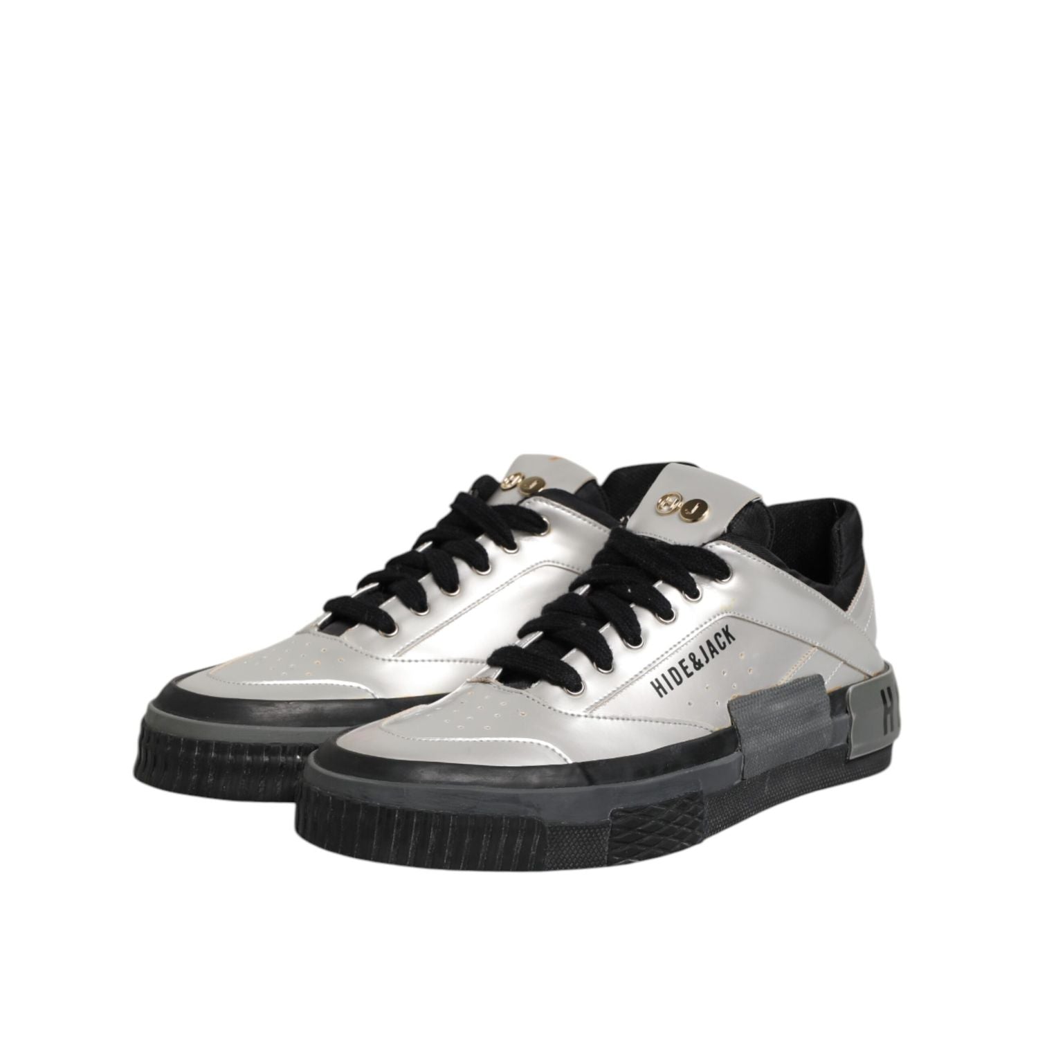 HIDE & JACK Silver Leather Lace Up Low Top Sneakers Shoes
