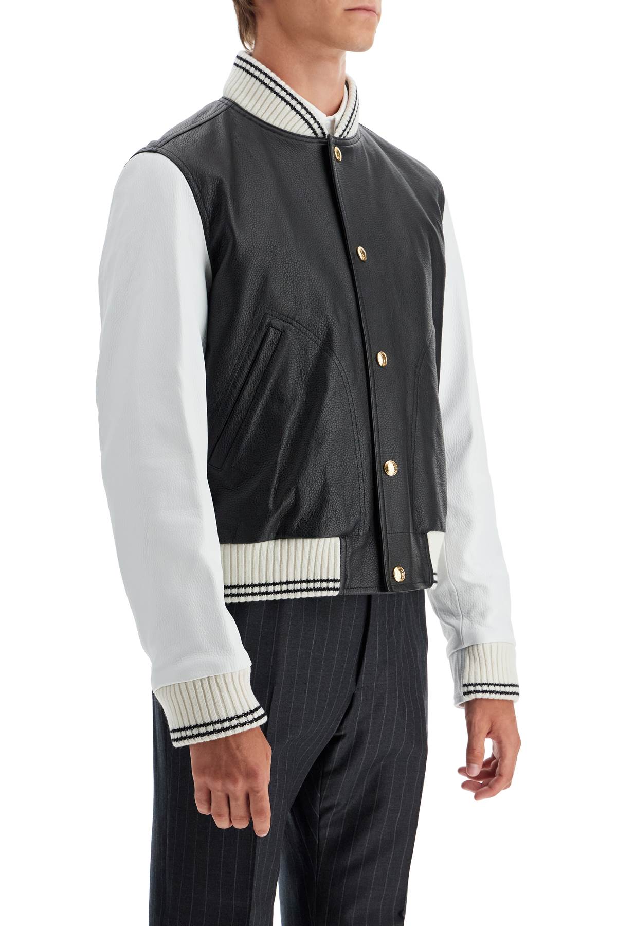 Thom Browne leather varsity bomber jacket