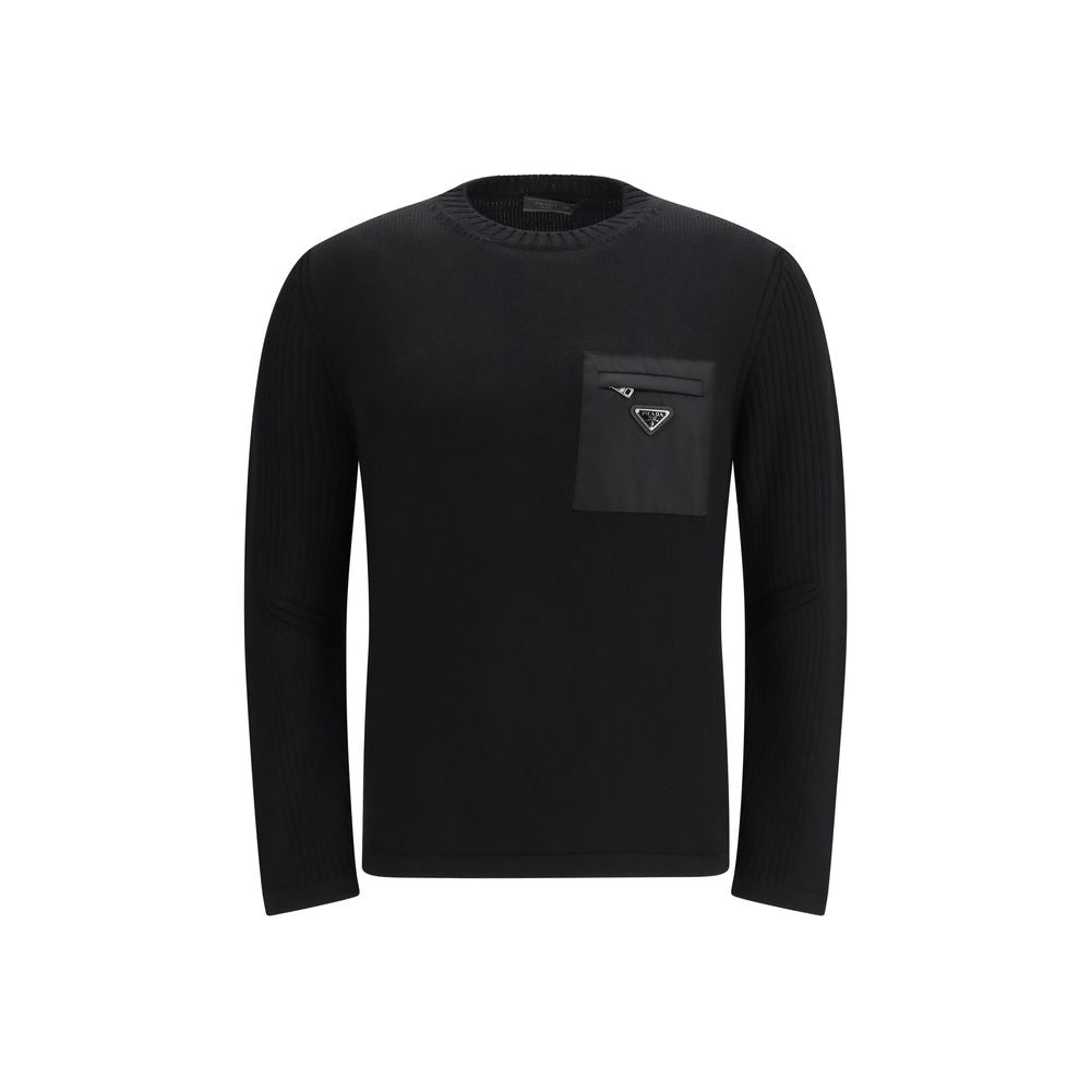 Prada Black Fleece Wool Sweatshirt 1728,72470364320,Black,Clothing,IT46 | S,IT48 | M,Men,New with tags,Prada,Sweaters - Clothing,Sweatshirts - Sweaters - Clothing