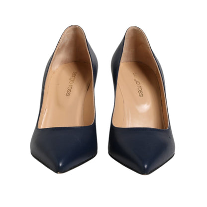 Sergio Rossi Blue Leather Pointed Toe Block Heels Shoes