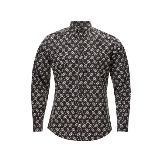 Dolce & Gabbana | Black Cotton Shirt with Micro Floral White Print | McRichard Designer Brands