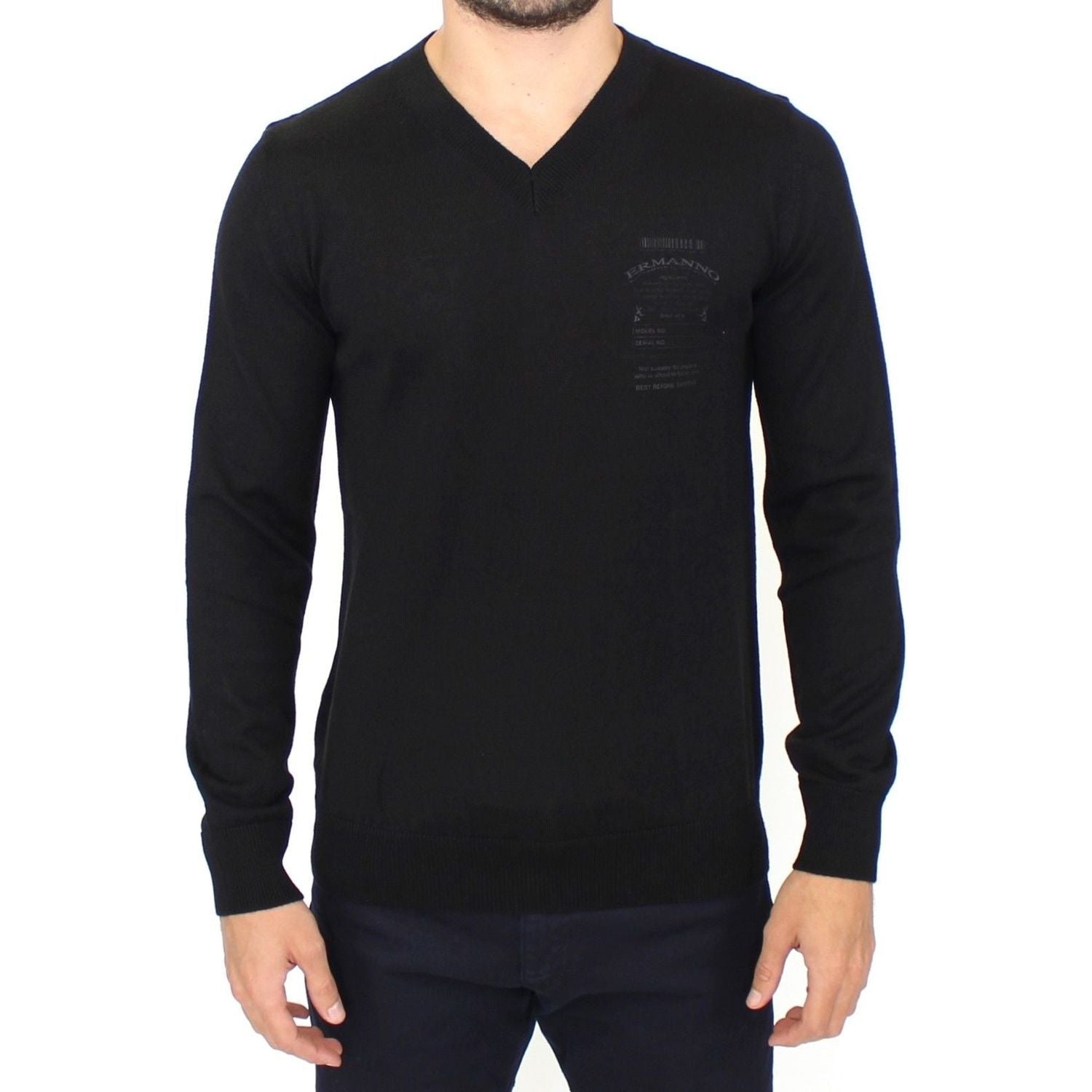 Ermanno Scervino | Black Wool Blend V-neck Pullover Sweater | McRichard Designer Brands