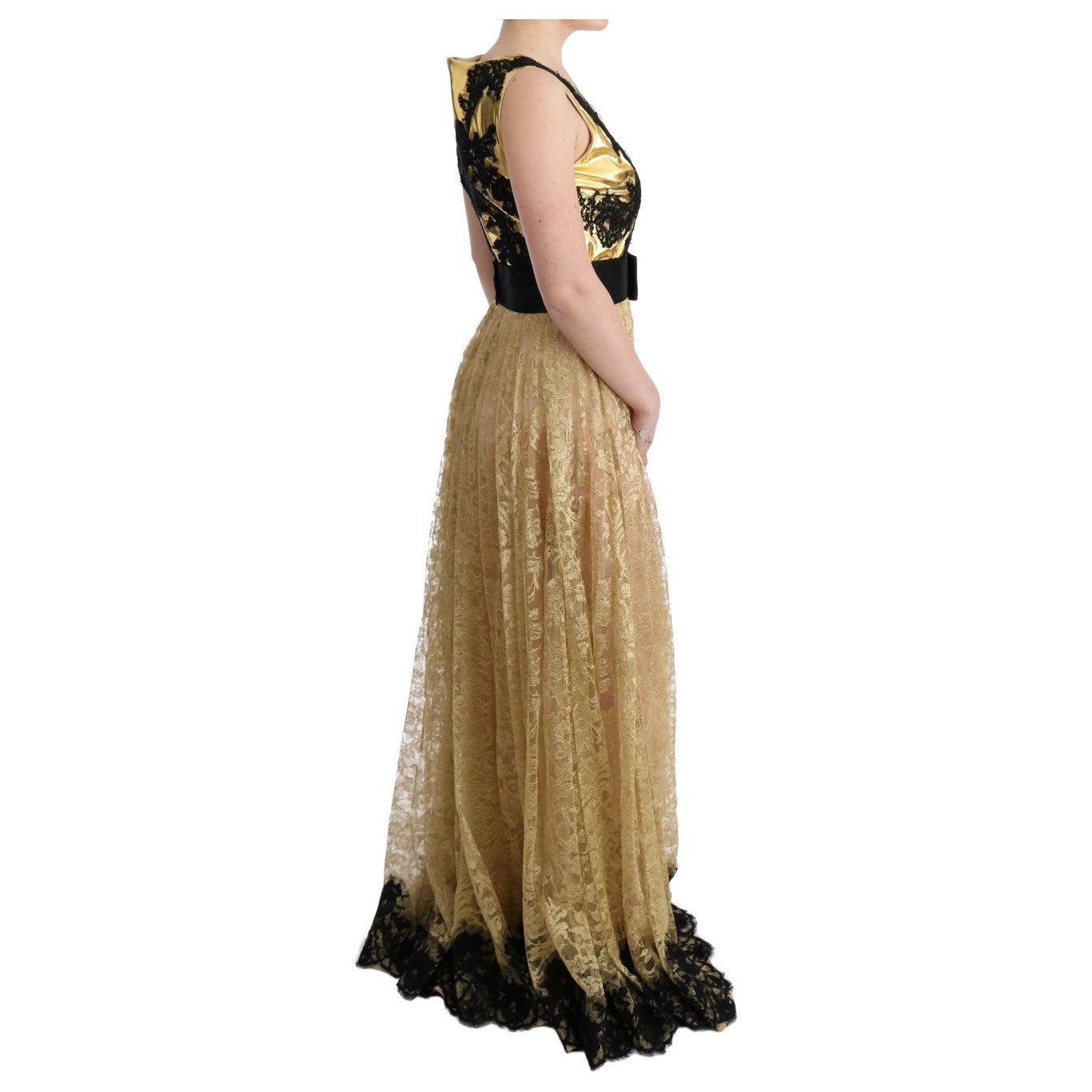 Dolce & Gabbana | Gold Black Floral Lace Dress | McRichard Designer Brands