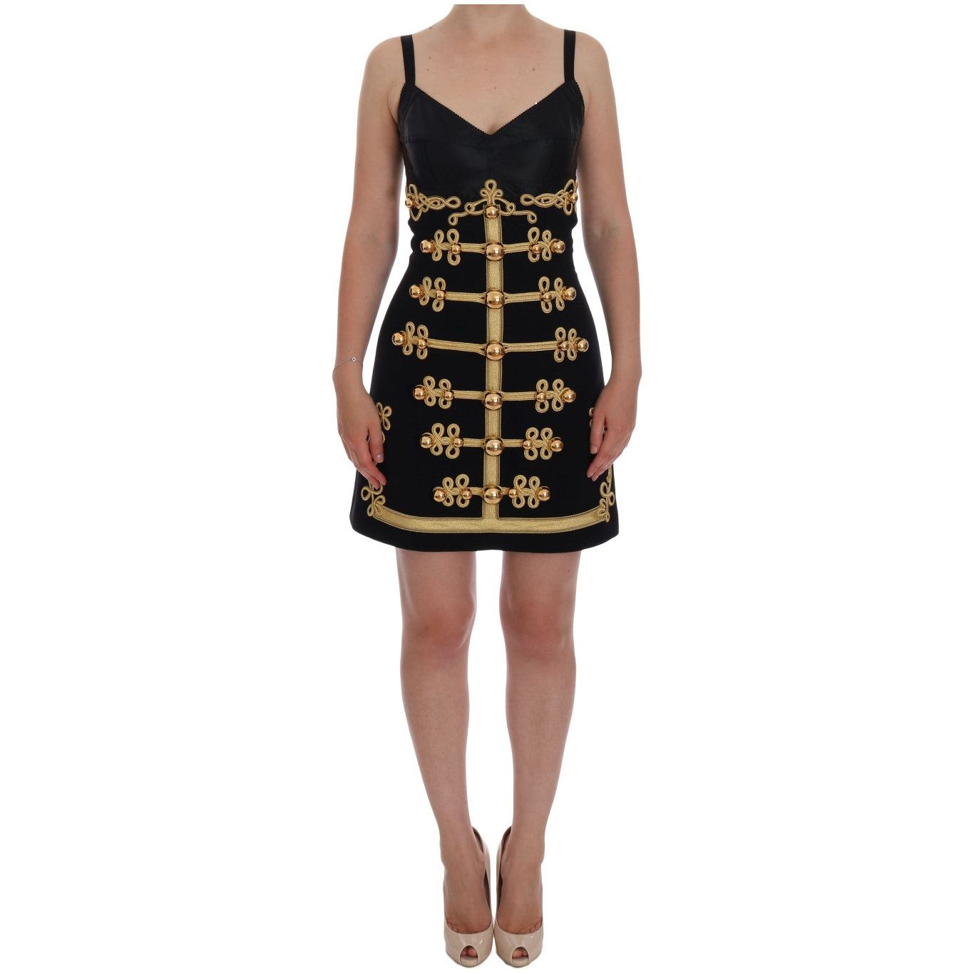 Dolce & Gabbana | Black Wool Stretch Gold A-Line Dress | McRichard Designer Brands