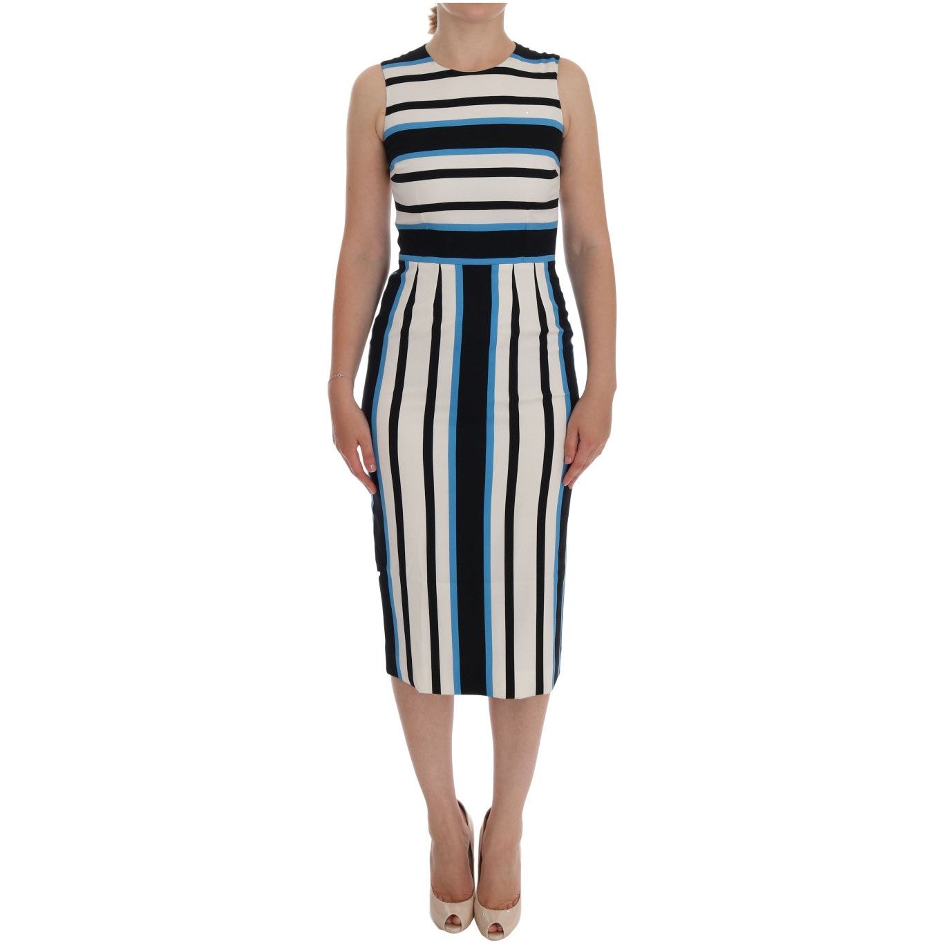 Dolce & Gabbana | Blue White Striped Silk Stretch Sheath Dress | McRichard Designer Brands