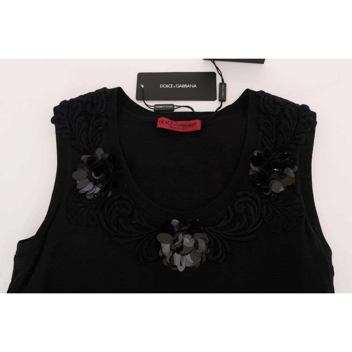 Dolce & Gabbana | Black Cotton Floral Crystal Tank Top | McRichard Designer Brands