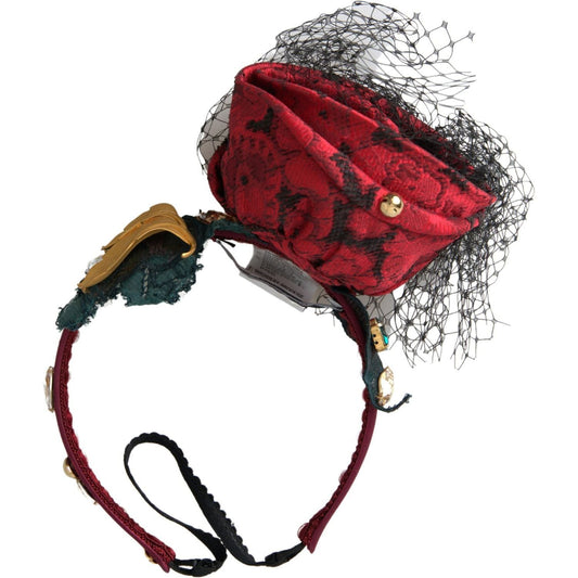 Dolce & Gabbana | Red with multicolor Rose Silk Crystal Netted Logo Diadem Headband | McRichard Designer Brands