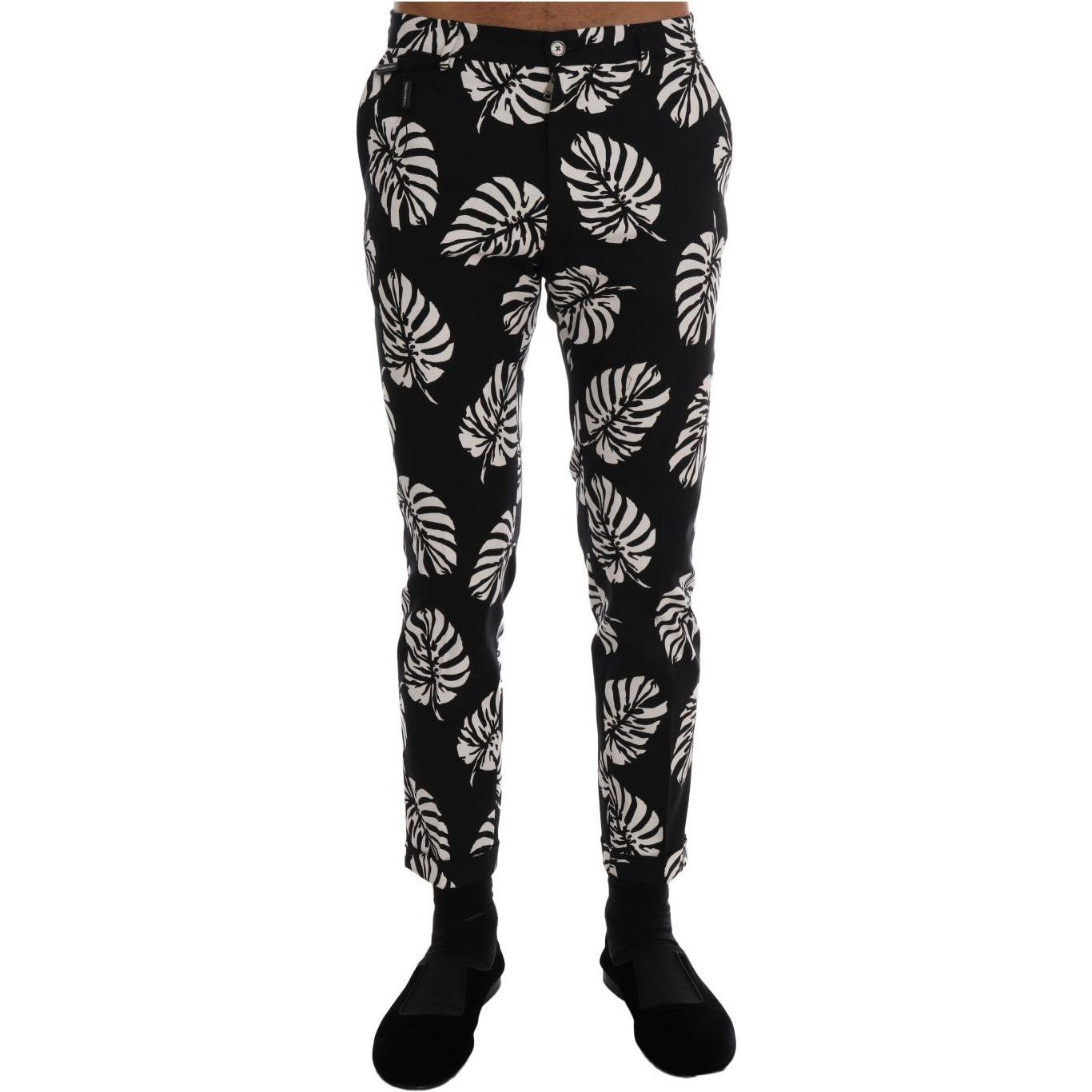 Dolce & Gabbana | White Black Leaf Cotton Stretch Slim Pants | McRichard Designer Brands