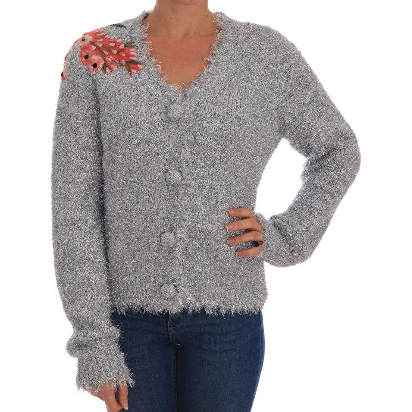 Dolce & Gabbana | Silver Cardigan Floral Applique Sweater | McRichard Designer Brands